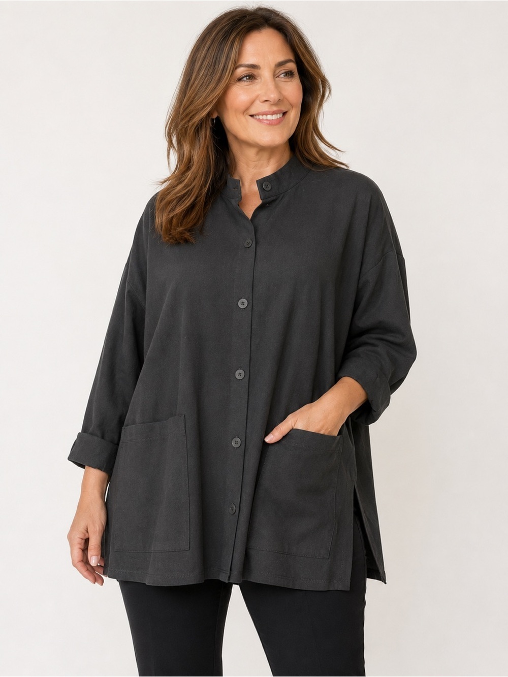 Eileen Fisher System Washable Flex Ponte Stand Collar Overshirt Black‎ SZ Large